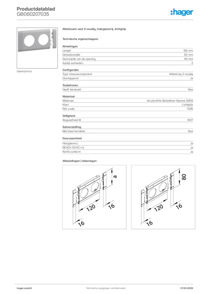 Afbeelding Hager Productdatablad GB080207035 | Hager Nederland