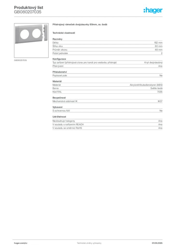 Obrázek Hager Produktový list GB080207035 | Hager