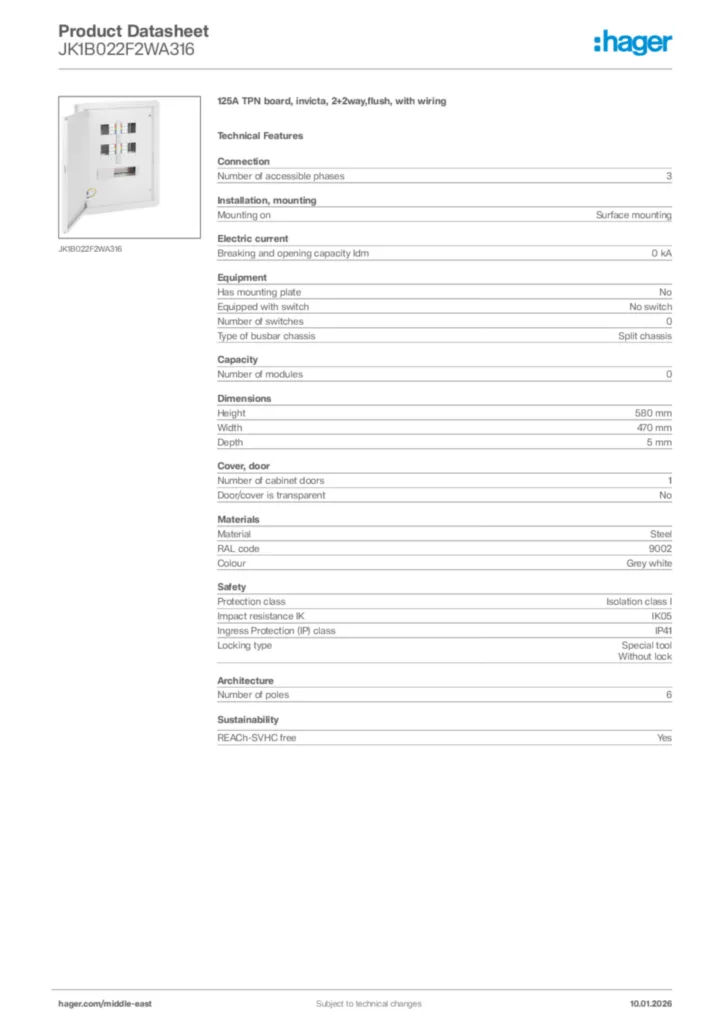 Image Hager Product data sheet JK1B022F2WA316  | Hager