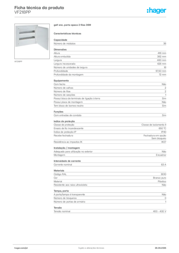 Imagem Hager Ficha técnica do produto VF218PP | Hager Portugal