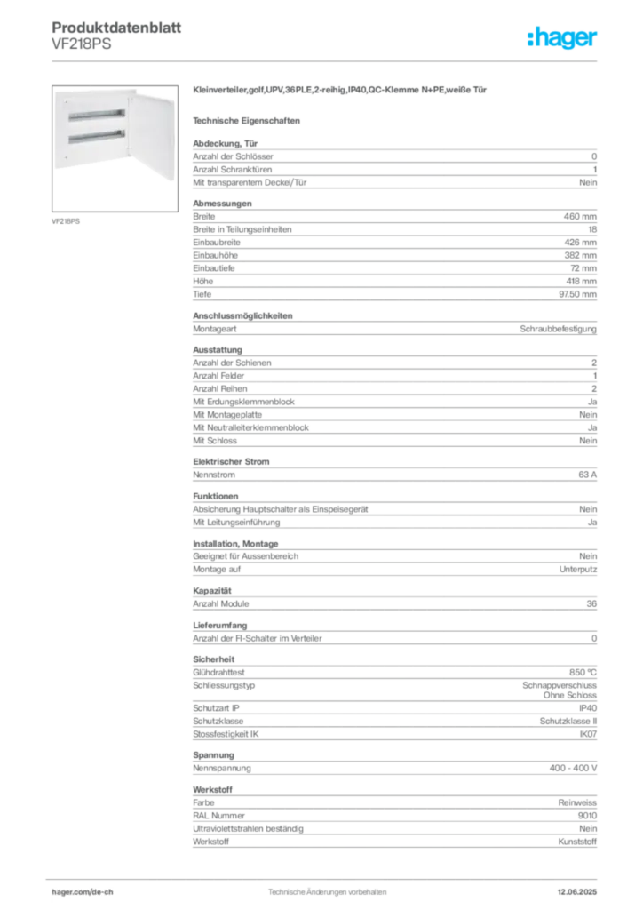 Bild Hager Produktdatenblatt VF218PS | Hager Schweiz
