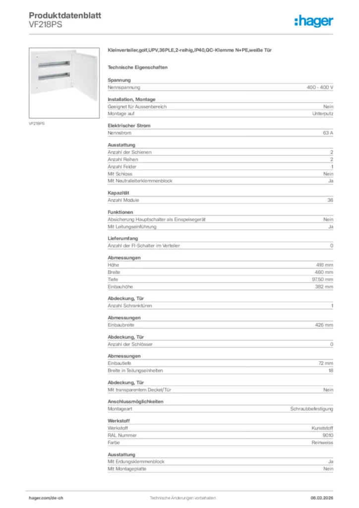 Bild Hager Produktdatenblatt VF218PS | Hager Schweiz