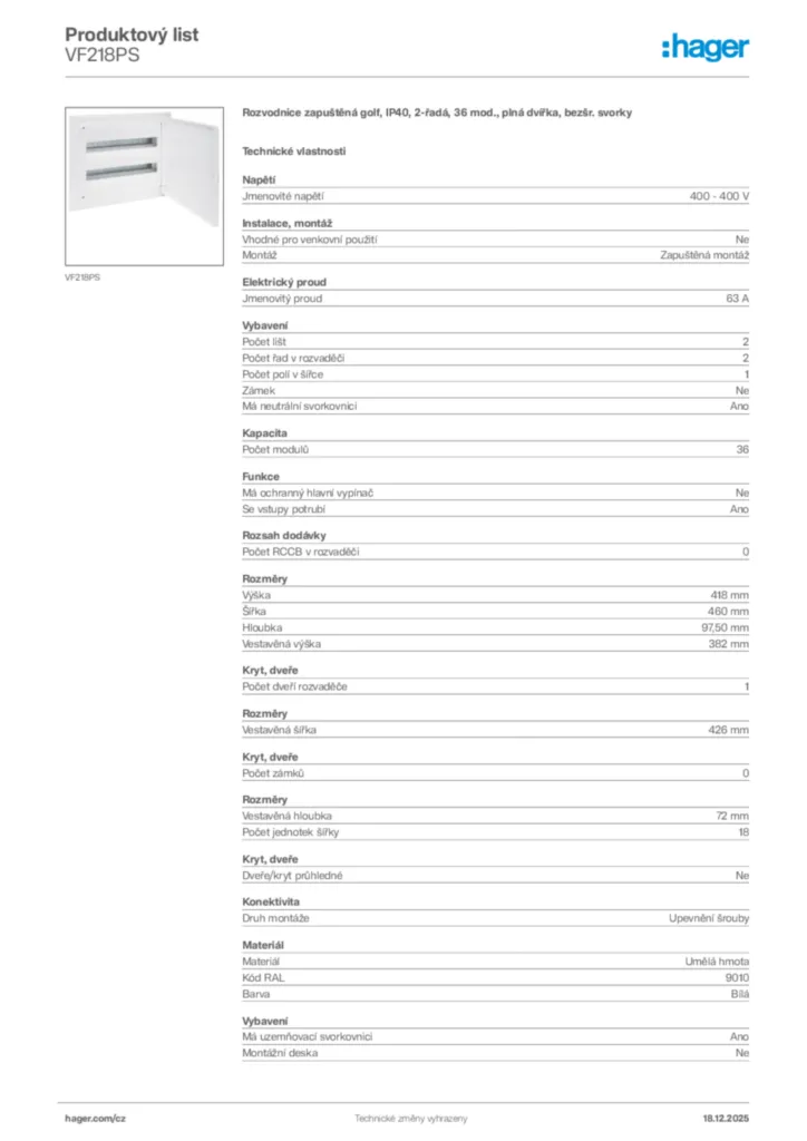 Obrázek Hager Produktový list VF218PS | Hager