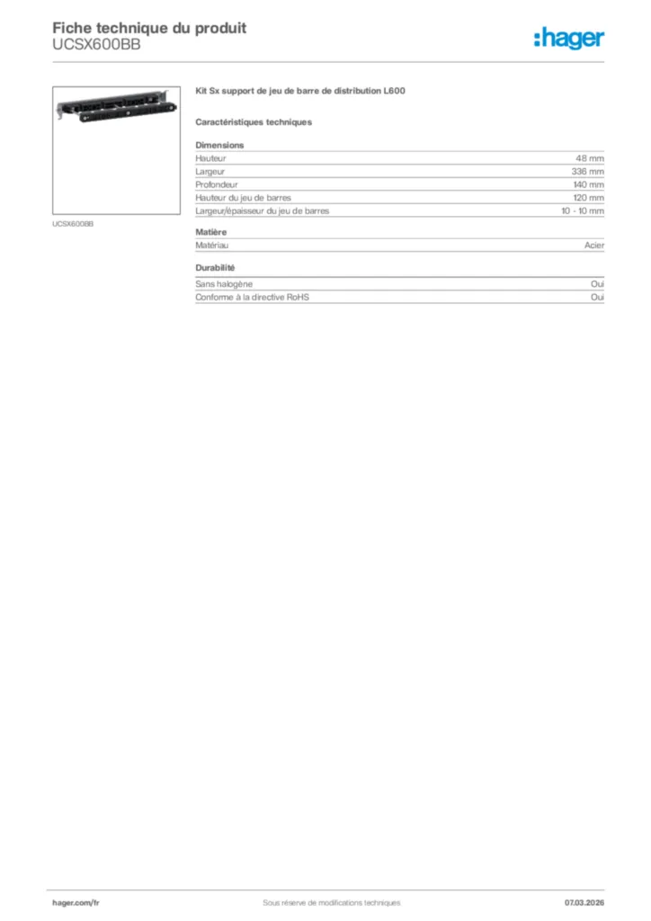 Image Hager Fiche technique du produit UCSX600BB | Hager France