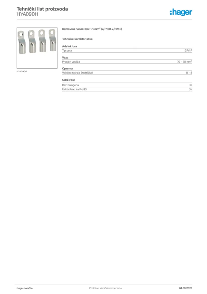 Slika Hager Tehnički list proizvoda HYA090H  | Hager