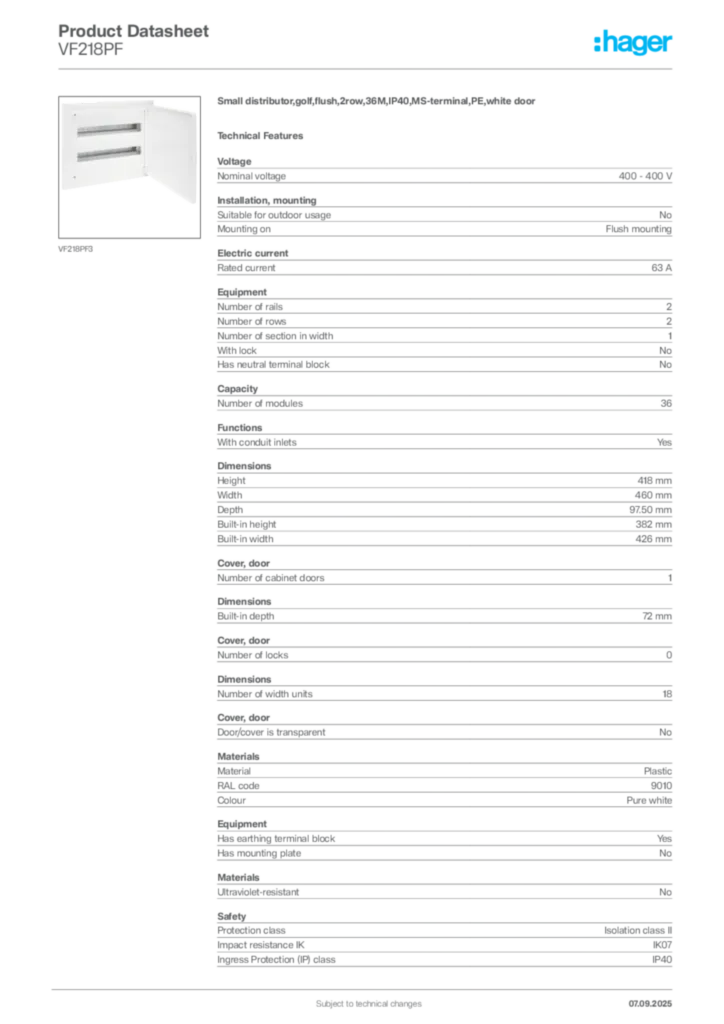 Image Hager Product data sheet VF218PF  | Hager