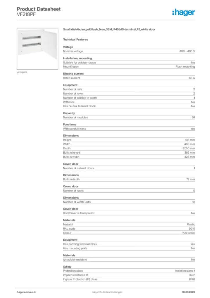 Image Hager Product data sheet VF218PF  | Hager