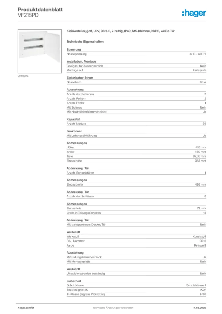 Bild Hager Produktdatenblatt VF218PD | Hager Deutschland