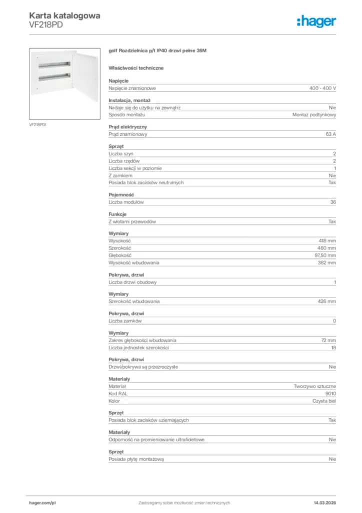 Zdjęcie Hager Karta katalogowa VF218PD | Hager Polska