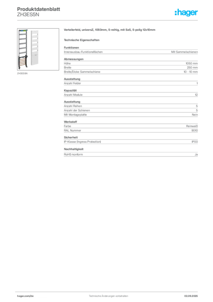 Bild Hager Produktdatenblatt ZH3ES5N | Hager Deutschland