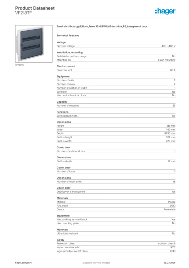 Image Hager Product data sheet VF218TF  | Hager