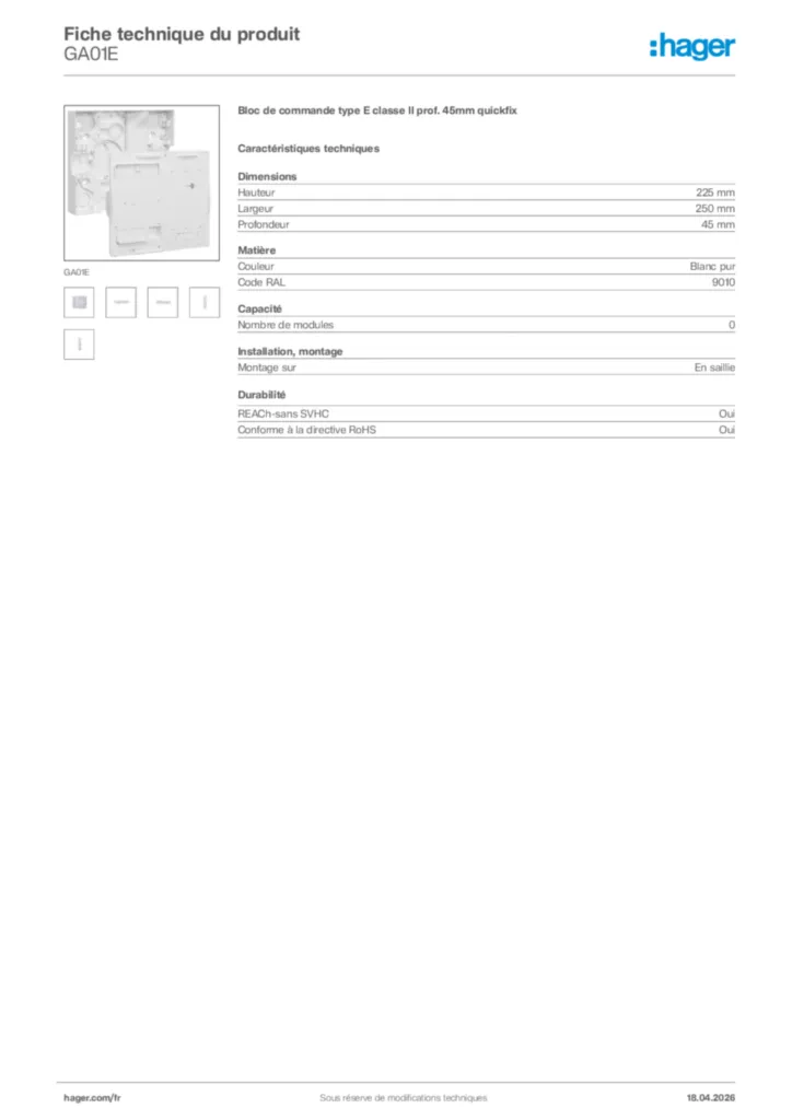 Image Hager Fiche technique du produit GA01E | Hager France