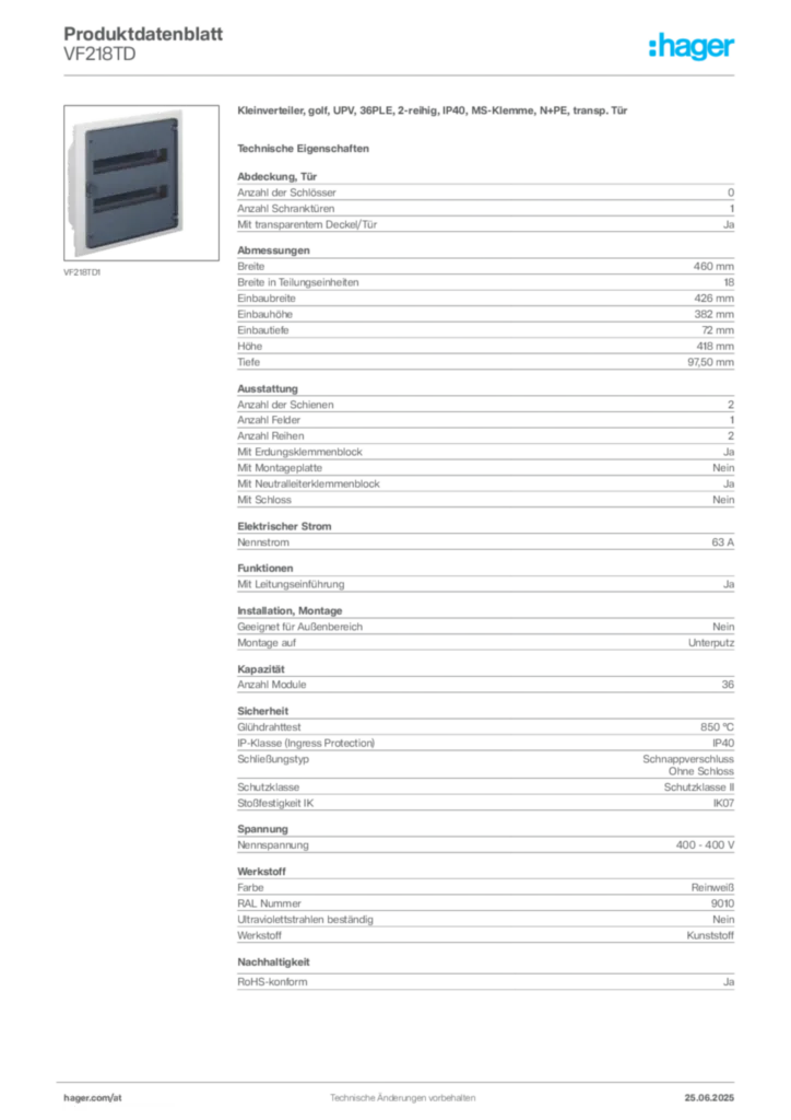 Bild Hager Produktdatenblatt VF218TD | Hager Deutschland