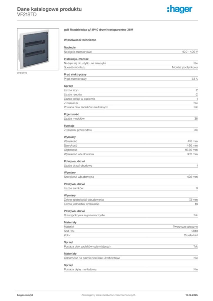 Zdjęcie Hager Karta katalogowa VF218TD | Hager Polska