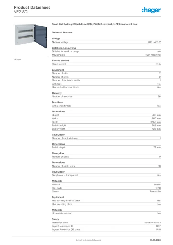 Image Hager Product data sheet VF218TJ  | Hager Africa