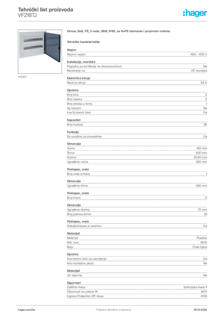 Slika Hager Product data sheet VF218TJ  | Hager