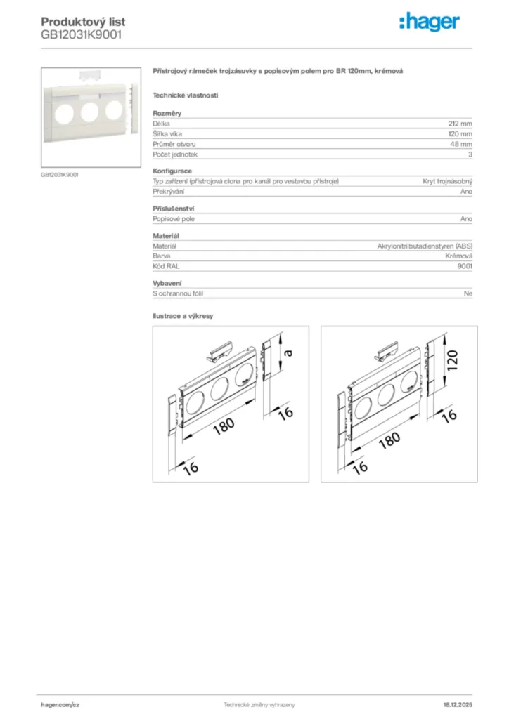 Obrázek Hager Produktový list GB12031K9001 | Hager