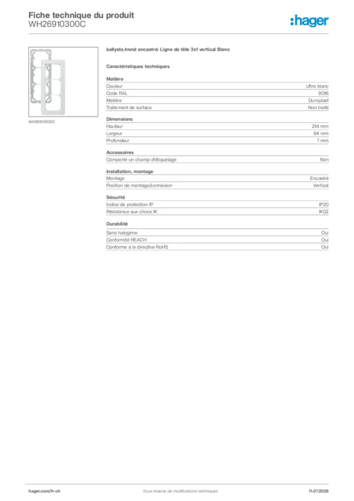 Image Hager Fiche technique du produit WH26910300C | Hager Suisse