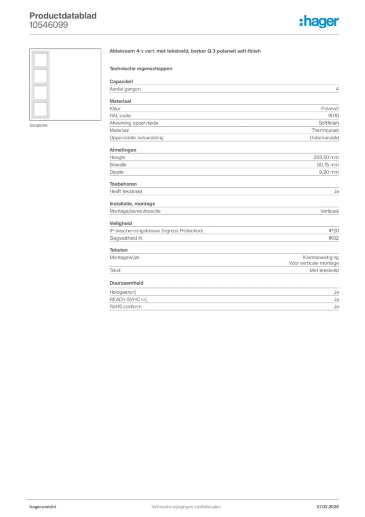 Afbeelding Hager Productdatablad 10546099 | Hager Nederland