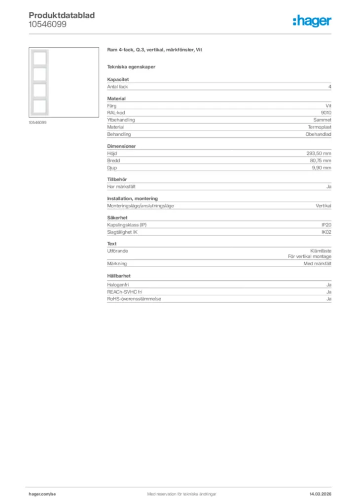 Bild Hager Produktdatablad 10546099 | Hager Sverige