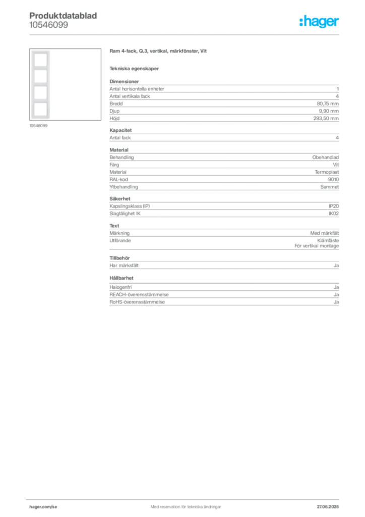 Bild Hager Produktdatablad 10546099 | Hager Sverige
