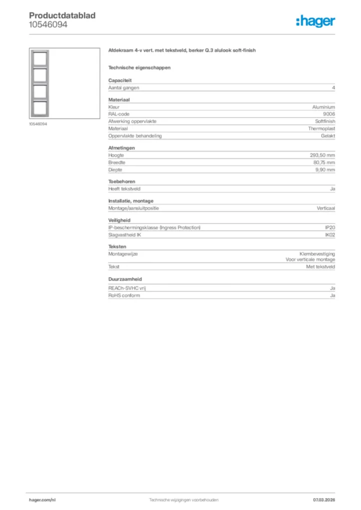 Afbeelding Hager Productdatablad 10546094 | Hager Nederland