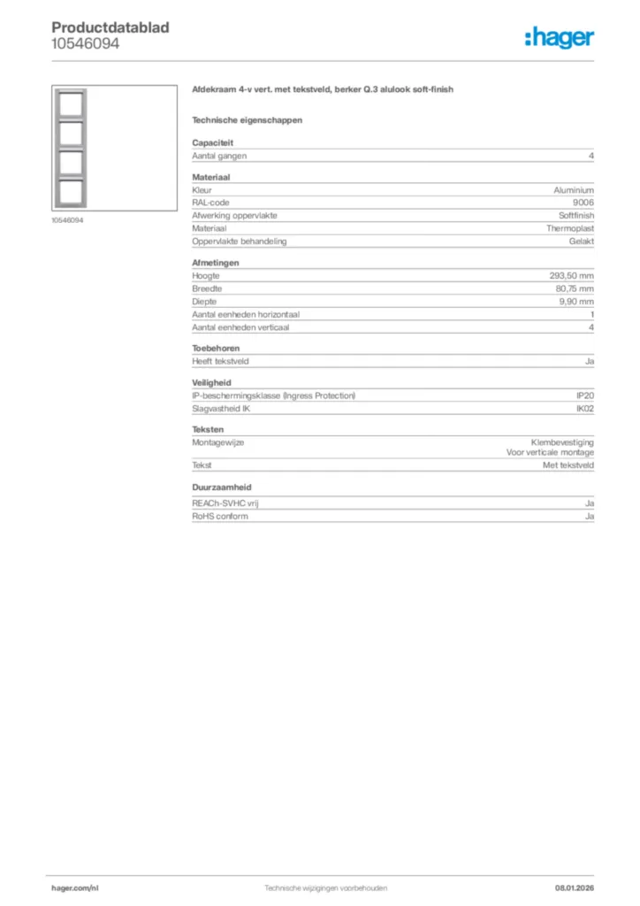 Afbeelding Hager Productdatablad 10546094 | Hager Nederland
