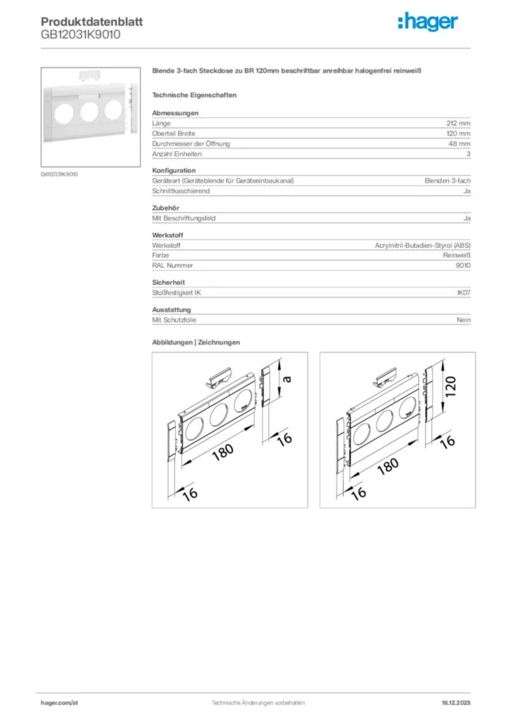 Bild Hager Produktdatenblatt GB12031K9010 | Hager Deutschland