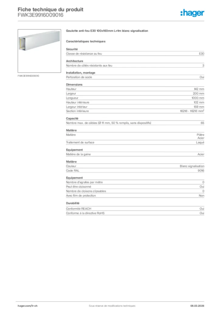 Image Hager Fiche technique du produit FWK3E9916009016 | Hager Suisse