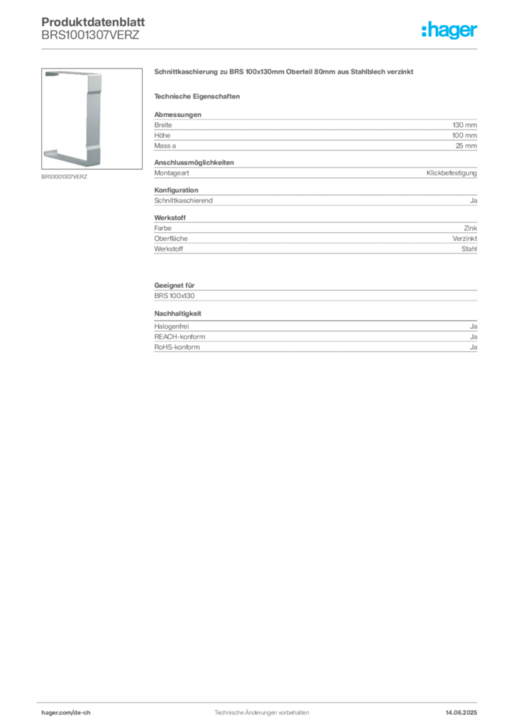 Bild Hager Produktdatenblatt BRS1001307VERZ | Hager Schweiz