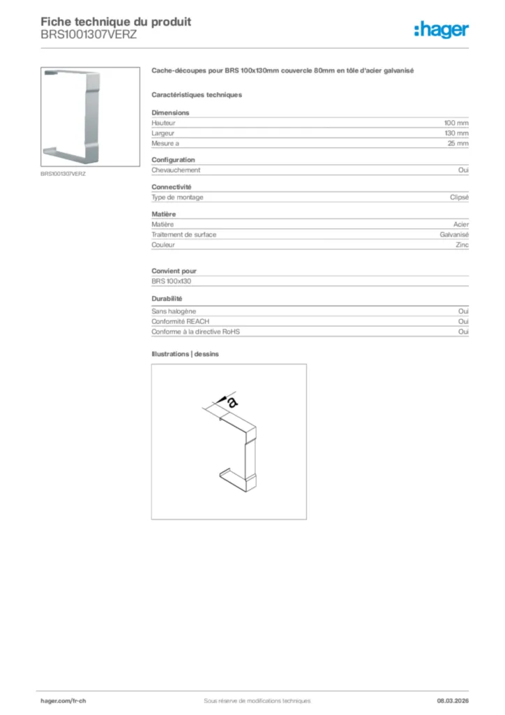Image Hager Fiche technique du produit BRS1001307VERZ | Hager Suisse