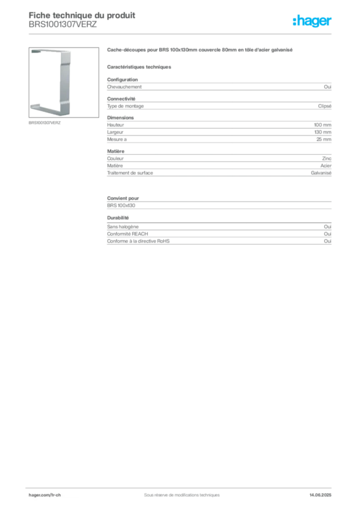 Image Hager Fiche technique du produit BRS1001307VERZ | Hager Suisse