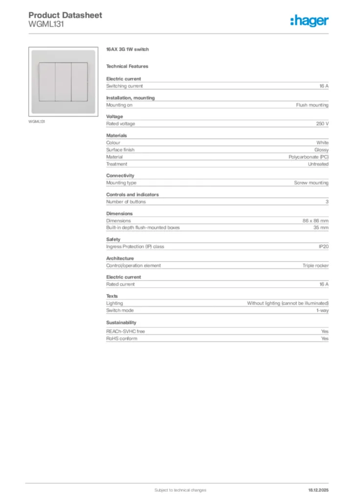 Image Hager Product data sheet WGML131  | Hager
