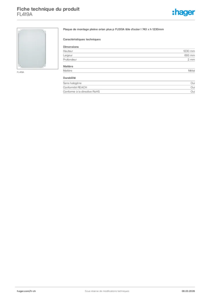 Image Hager Fiche technique du produit FL419A | Hager Suisse