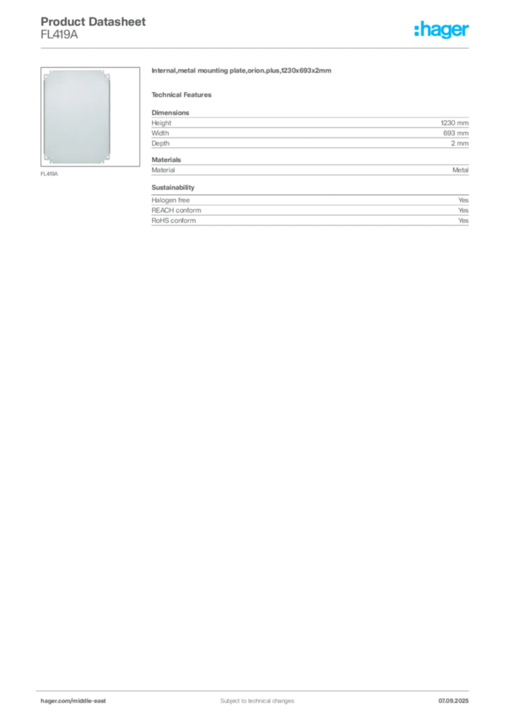 Image Hager Product data sheet FL419A  | Hager