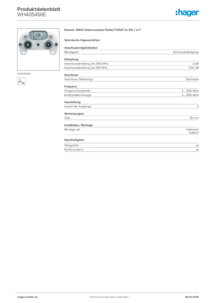 Bild Hager Produktdatenblatt WH405456E | Hager Schweiz