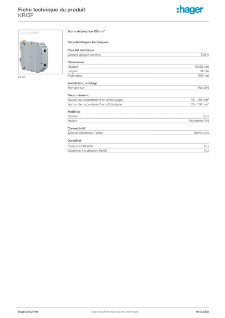Image Hager Fiche technique du produit KR15P | Hager Belgique