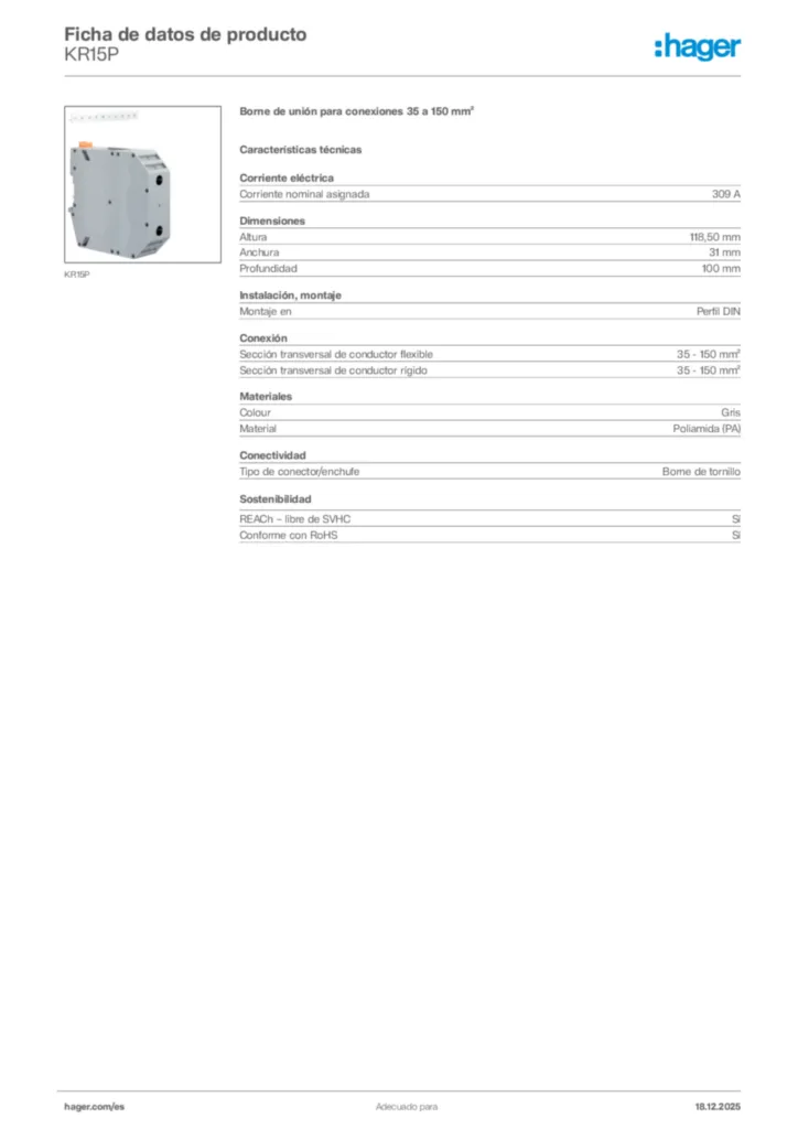 Imagen Hager Ficha de datos de producto KR15P | Hager España