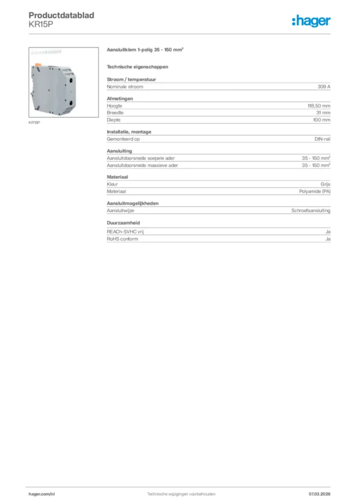 Afbeelding Hager Productdatablad KR15P | Hager Nederland