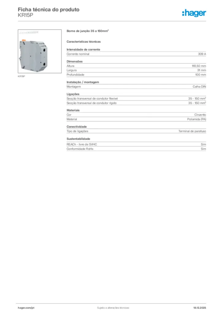 Imagem Hager Ficha técnica do produto KR15P | Hager Portugal