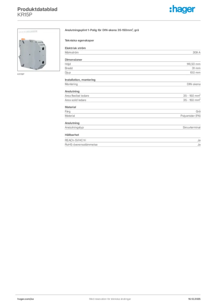 Bild Hager Produktdatablad KR15P | Hager Sverige