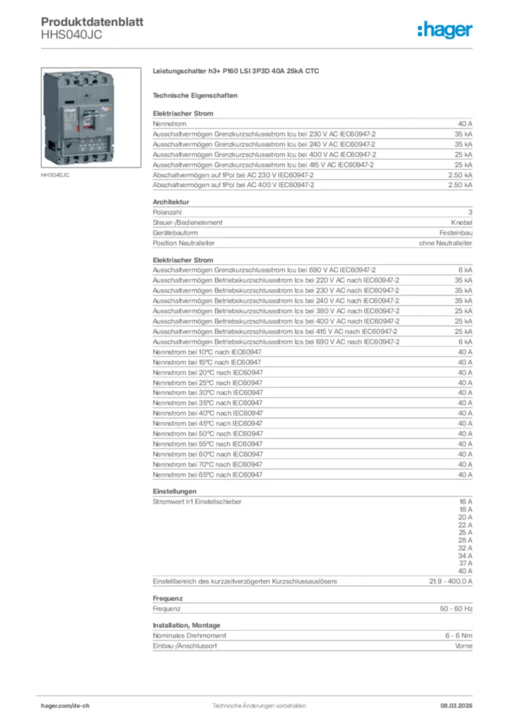 Bild Hager Produktdatenblatt HHS040JC | Hager Schweiz
