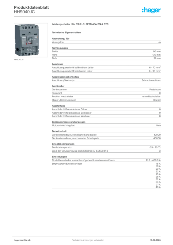 Bild Hager Produktdatenblatt HHS040JC | Hager Schweiz