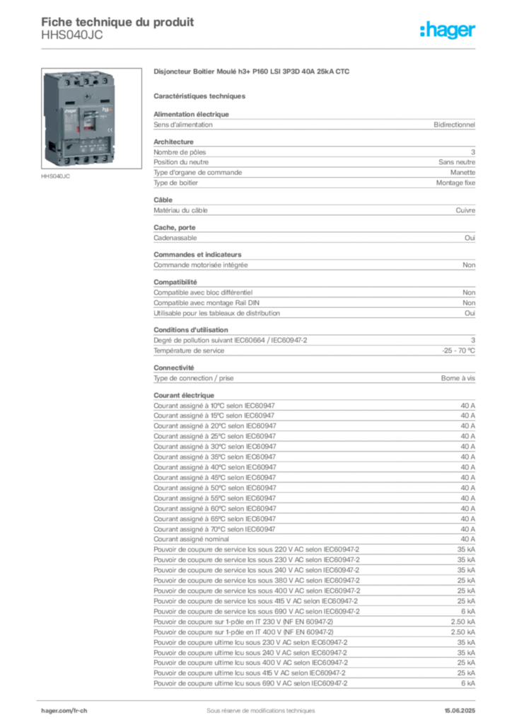 Image Hager Fiche technique du produit HHS040JC | Hager Suisse