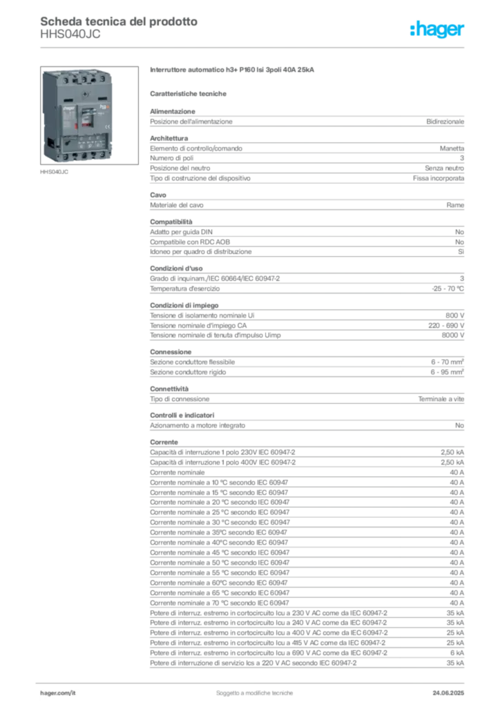 Immagine Hager Scheda tecnica del prodotto HHS040JC | Hager Italia