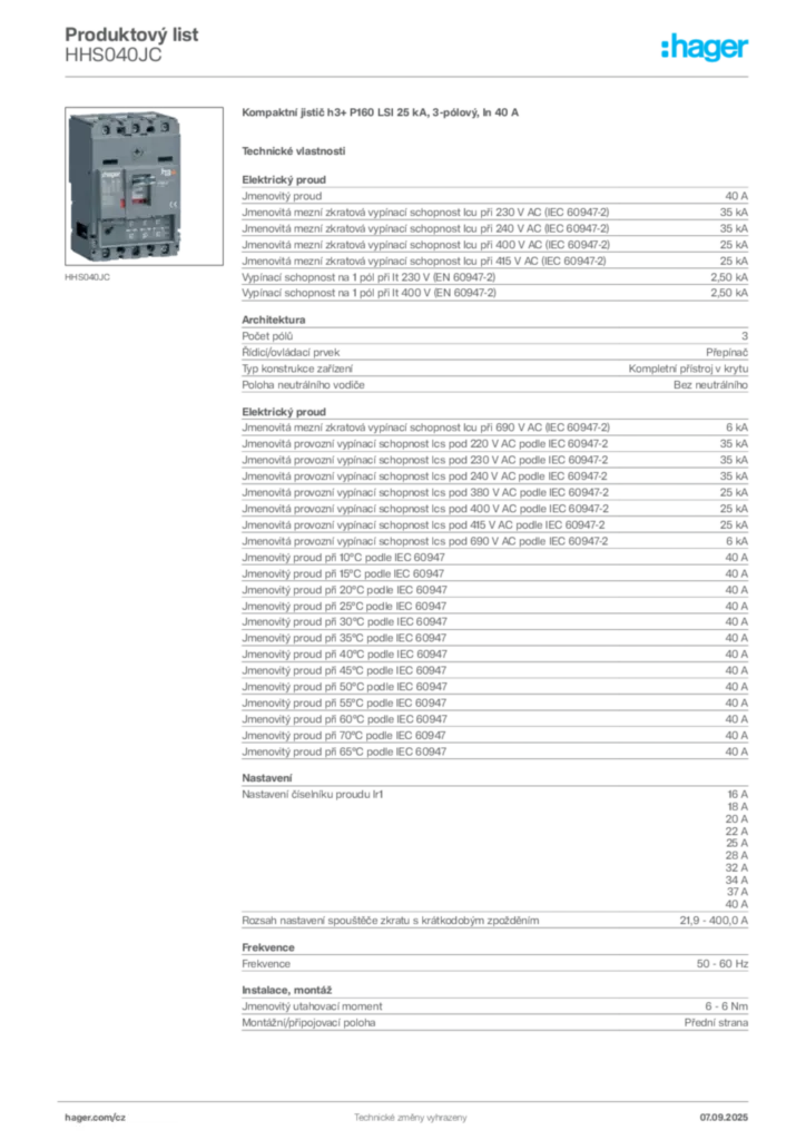Obrázek Hager Produktový list HHS040JC | Hager