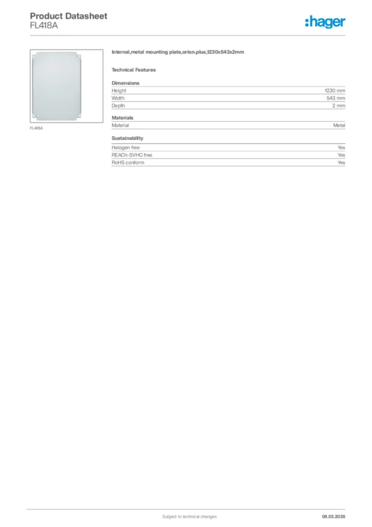 Image Hager Product data sheet FL418A  | Hager Africa