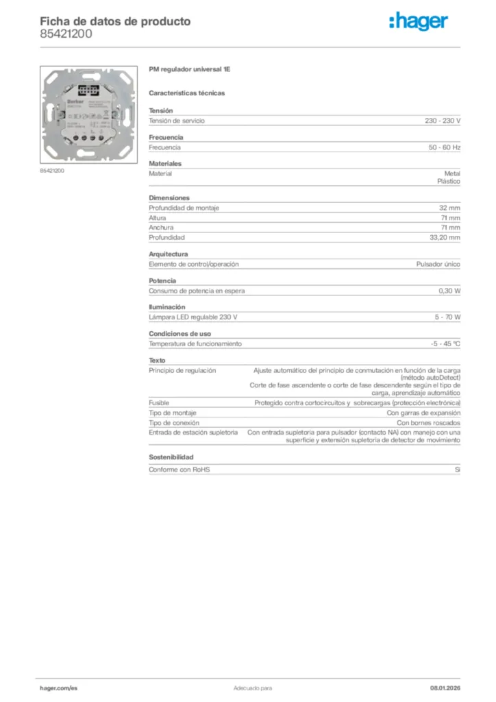 Imagen Hager Ficha de datos de producto 85421200 | Hager España