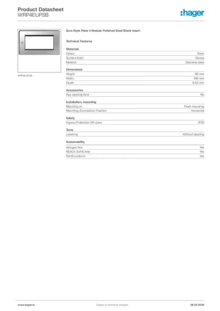 Image Hager Product data sheet WRP4EUPSB  | Hager
