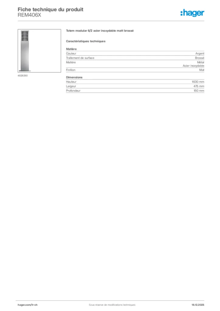 Image Hager Fiche technique du produit REM406X | Hager Suisse
